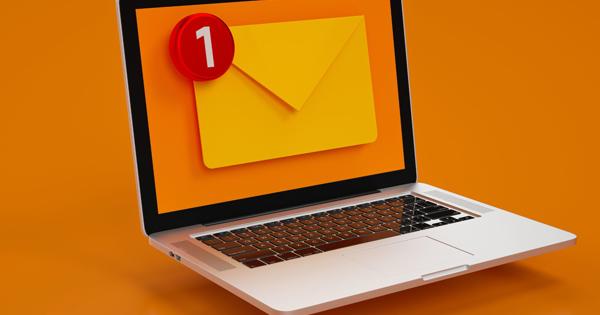 Laptop displaying a large yellow envelope icon with a red notification badge showing '1', set against an orange background.