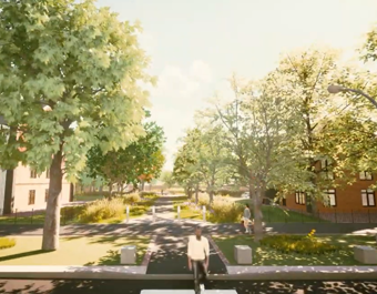 Architectural visualisation of a landscaped residential development at South Parade, Speke. Trees and planting line a central pedestrian walkway between modern apartment buildings, with green spaces and pathways throughout the site.