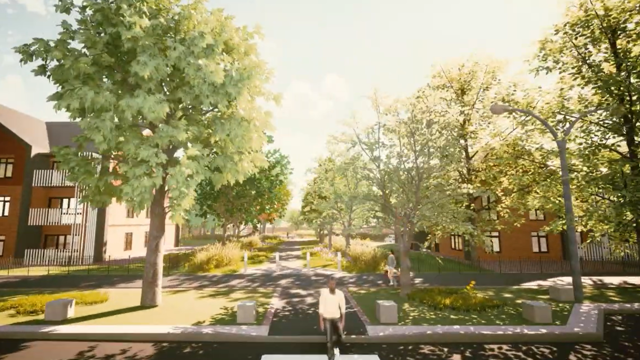 Architectural visualisation of a landscaped residential development at South Parade, Speke. Trees and planting line a central pedestrian walkway between modern apartment buildings, with green spaces and pathways throughout the site.