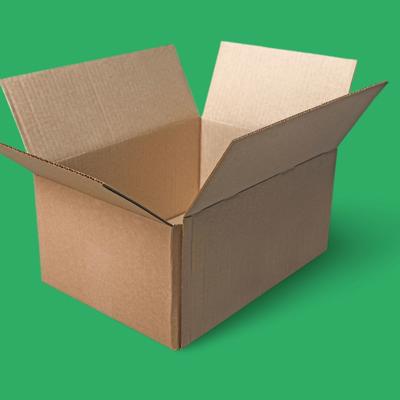 An open, empty cardboard box with its flaps extended outward, set against a solid green background.