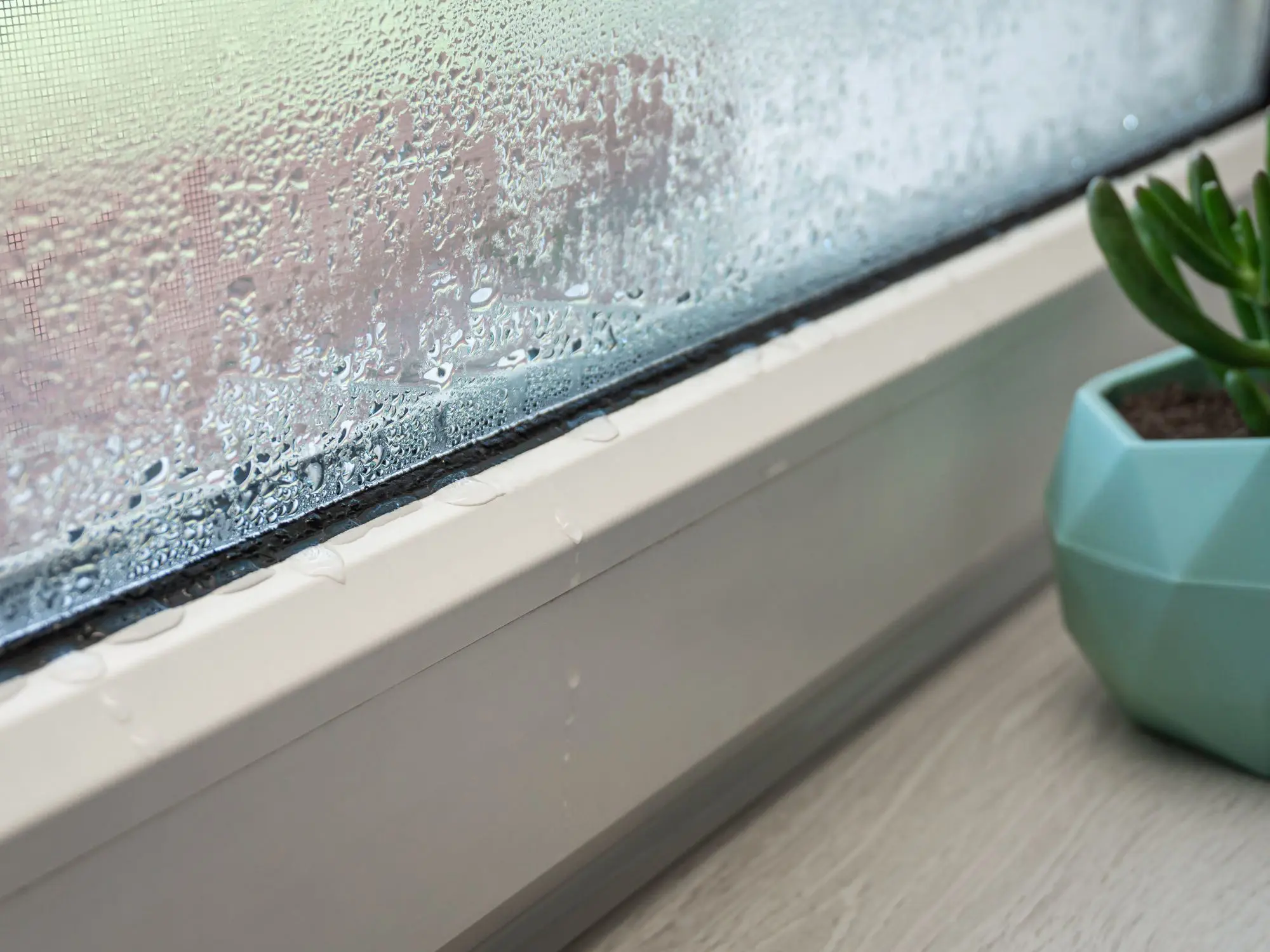 Close-up of a window with condensation and water droplets on the glass, a white frame, and a small green succulent in a geometric blue pot on the windowsill, illustrating indoor humidity and moisture concerns