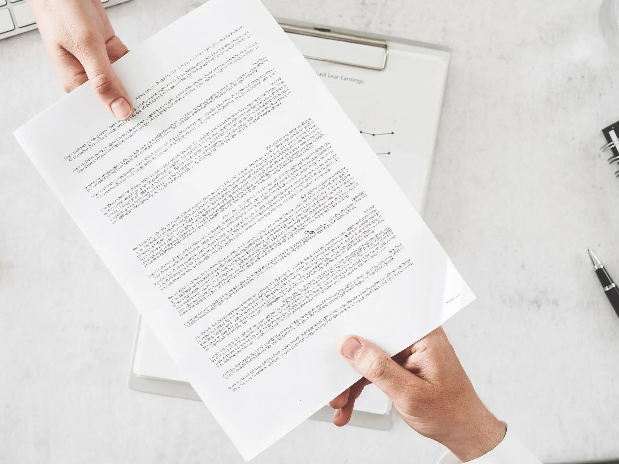 Two hands exchange a printed document over a clipboard with papers and a pen in the background; the document contains multiple paragraphs of text, though the content is not legible.