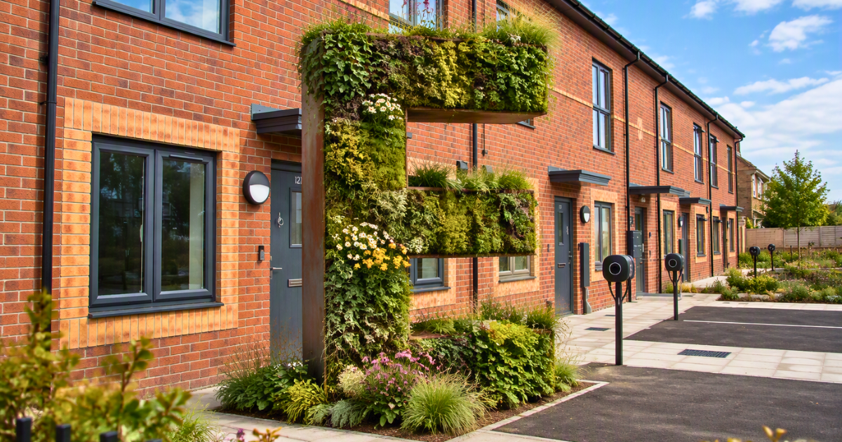 Large letter E covered in plants and flowers outside a row of modern brick homes, with electric vehicle charging points visible along the street.