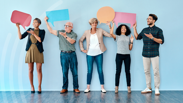 Five people stand in a row against a light blue background, each holding a colourful speech bubble above their head.