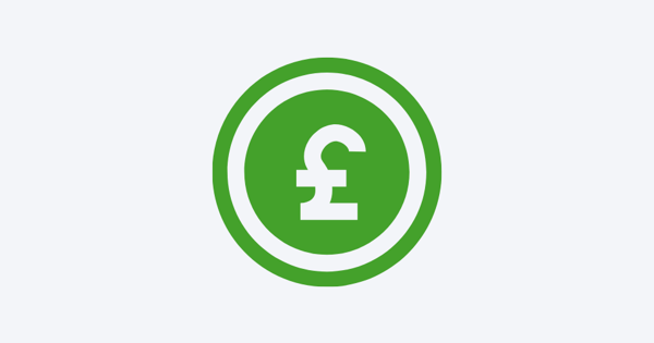 A green circle with a white British pound symbol (£) in the centre.