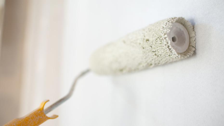 Close-up of a paint roller with an orange handle applying white paint to a wall. Close-up of a paint roller with an orange handle applying white paint to a wall.
