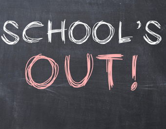 Blackboard with the message 'SCHOOL'S OUT!' written in white and pink chalk.