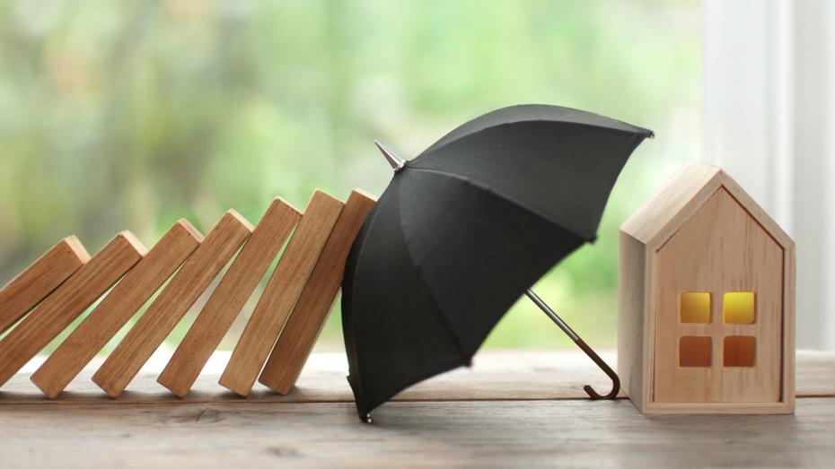 Row of falling wooden dominoes approaching a small black umbrella shielding a miniature wooden house with lit windows, set against a blurred green outdoor background. Row of falling wooden dominoes approaching a small black umbrella shielding a miniature wooden house with lit windows, set against a blurred green outdoor background.