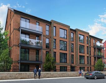 Modern multi-story brick apartment building with large windows and glass balconies, surrounded by greenery and a stone wall, with pedestrians and a car on the nearby road.