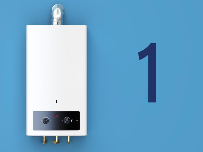 "White tankless water heater mounted on a blue wall, displaying '55' in red digital text, with two control knobs on the front panel and a vent pipe at the top. A large dark blue number '1' is visible to the right "White tankless water heater mounted on a blue wall, displaying '55' in red digital text, with two control knobs on the front panel and a vent pipe at the top. A large dark blue number '1' is visible to the right