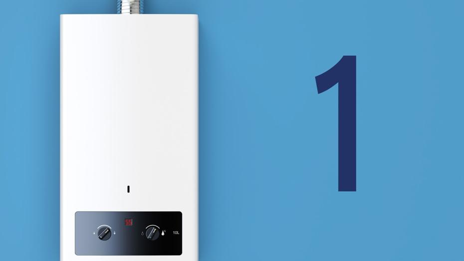 "White tankless water heater mounted on a blue wall, displaying '55' in red digital text, with two control knobs on the front panel and a vent pipe at the top. A large dark blue number '1' is visible to the right "White tankless water heater mounted on a blue wall, displaying '55' in red digital text, with two control knobs on the front panel and a vent pipe at the top. A large dark blue number '1' is visible to the right