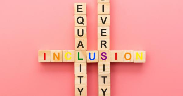 Wooden blocks arranged on a pink background spell out "EQUALITY" and "DIVERSITY" vertically, intersecting with "INCLUSION" horizontally. The letters of "INCLUSION" are in rainbow colors, while "EQUALITY" and "DIVERSITY" are in black, representing the interconnectedness of equality, diversity, and inclusion.