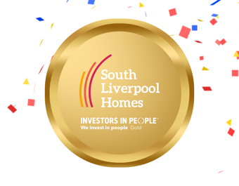 A gold medal with “South Liverpool Homes” and “Investors in People – We invest in people Gold” text, surrounded by colorful confetti on a dark background.
