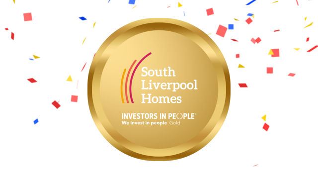 A gold medal with “South Liverpool Homes” and “Investors in People – We invest in people Gold” text, surrounded by colorful confetti on a dark background.